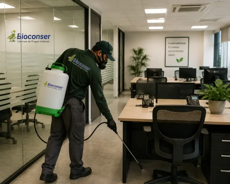 Técnico da Bioconser com pulverizador em escritório