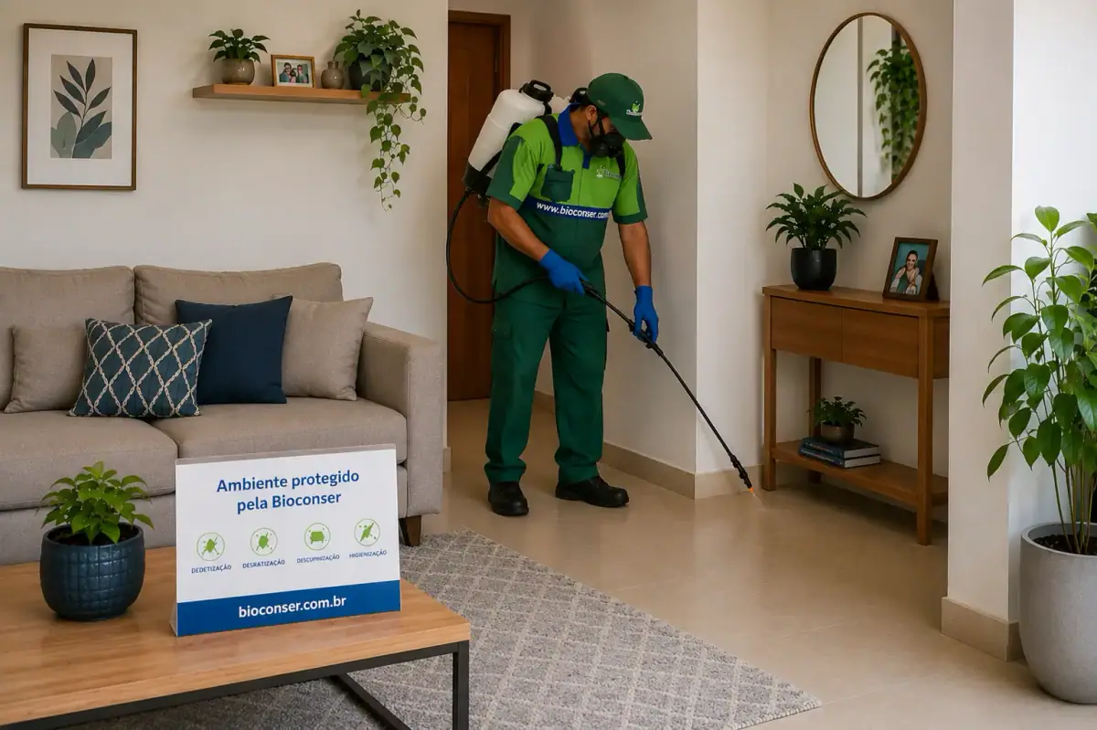 Técnico da Bioconser aplicando dedetização em uma sala residencial